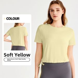miiow | Cat Person Sports Top Womens Summer New Drawstring Waist Slim Short Yoga Fitness Short Sleeve Breathable Casual Style Pure Color