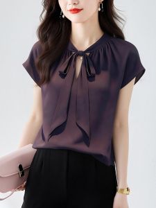 V.C.I | Elegant White French Bow Tie Chiffon Blouse Short Sleeve