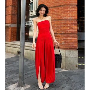 French Style Red Crinkle Halter Jumpsuit Slim Fit