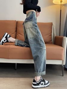 กางเกงยีนส์ทรงหลวมเอวสูงสไตล์ฮาราจูกุสำหรับผู้หญิง กางเกงยีนส์ทรงเดนิมทรงเดนิมสไตล์ย้อนยุคสไตล์อเมริกันสำหรับฤดูใบไม้ร่วงและฤดูหนาว