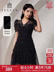 FEXATA Summer 2025 New Romantic French V-neck Polka Dot Pleated Black Mini Dress Lace Dress Elegant Bubble Sleeve Short Sleeve
