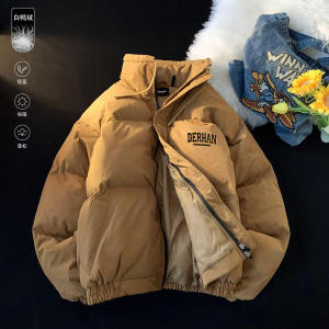 เสื้อขนเป็ดสีกาแฟแบบไม่มีเพศสำหรับผู้ชายเสื้อบุนวมผ้าฝ้ายแบบบางสำหรับฤดูใบไม้ร่วงและฤดูหนาวเสื้อแจ็คเก็ตไม่มีฮู้ดคอตั้งกันหนาวพิมพ์ลายตัวอักษรหนาพิเศษ