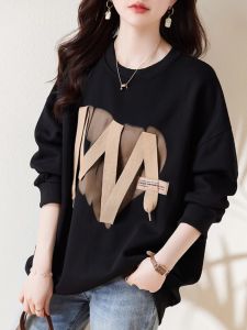 เสื้อสเวตเตอร์คอกลมแขนยาวทรงหลวมสไตล์ยุโรปสำหรับผู้หญิงในฤดูใบไม้ร่วงปี 2024 เสื้อสเวตเตอร์คอตตอนผสมโพลีเอสเตอร์สุดเก๋ไก๋