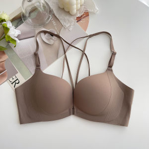 New 2025 Womens Bra Cross Back Seamless One Piece Wireless Underwear Front Clasp Small Chest Gathered Comfortable Nylon