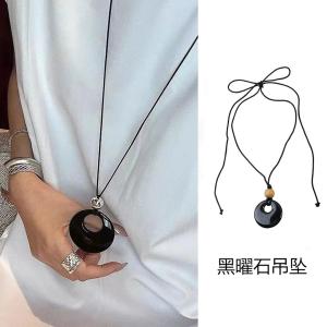 Natural Black Agate Long Pendant Necklace Adjustable Chinese Style Design Simple Fashion Jewelry Geometric Pattern Womens Sweater Chain
