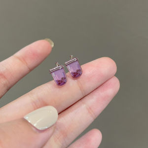 Fall Season Creative Purple Taro Milk Tea Resin Earrings S925 Silver Womens Clip-On Sweet Simple Fashion Jewelry Ear Decor