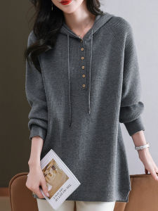 Mid Length Long Length Woolen Sweater Hooded Sweater Womens Autumn and Winter Loose plus Size Chubby Girl Casual Easiest for Match Underwear Knitted Top