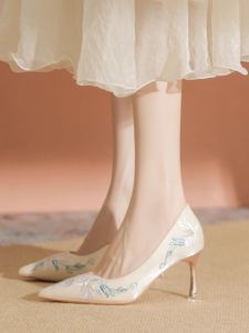 Elegant French Satin Cheongsam Shoe Horse Face Skirt Single High Heel Womens Fashionable Wedding Shoes Two-Way Wear 2024 New Model