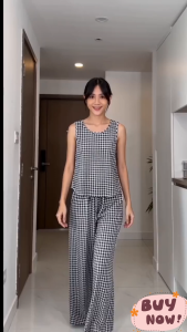 Women Two Piece Set Plus Size Stylish Sleeveless Camisole And Long Plaid Pants Gingham Plaid Set 2393