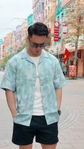 Áo Sơ Mi Nam Cộc Tay Họa Tiết Loang Màu Trắng Xanh – Chất Vải Twill Mềm Mịn Phong Cách Phóng Khoáng 👕✨