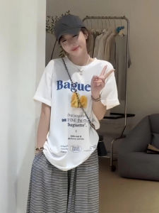 YUEZHONGWEI | Retro American Cartoon Print Loose Fit Round Neck Short Sleeve Black T-Shirt Womens Summer Comfortable Breathable Casual Top