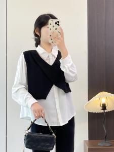 Casual Long Sleeve Womens Shirt Fake Two-Piece Set Loose Fit Commute Base Layer Top Autumn Season Fashion Ladies Shirt