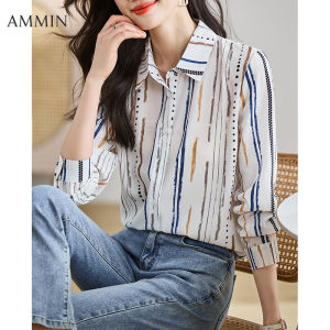 Ammin 2024 Mới Của Phụ Nữ Dài Tay Ve Áo sọc sặc sỡ In Áo voan thời trang phong cách Hàn Quốc Lỏng Lẻo Đa Năng đi lại Sọc Áo Voan