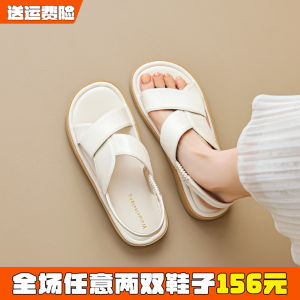 White Womens Sandals Soft Bottom Casual Roman Style Low Heel Glue Adhesive Rubber Outsole Breathable Upgraded Fiber Leather