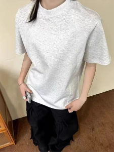 Heavyweight Space Cotton Short Sleeve Mens T-shirt American Style Small Collar Cleanfit Structure Casual Breathable Summer Top