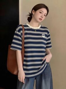 AIYITI | Stripe Short Sleeve Loose Cover Belly Top