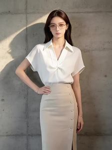 PIAOYA | Design Twisted Short Sleeves V-Neck Fitted Slimming Office Ladies Shirt
