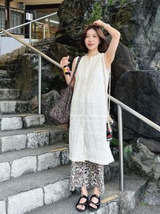 MGDM Breathable Design French Lightweight Lace Patchwork Long Sleeveless Vest Dress Womens Casual Style Natural Waist Soft Cotton Summer Dress