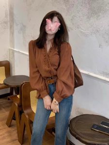 Unique Caramel Colored Long Sleeve Shirt with Belt Spring 2025 Beautiful Mermaid Design High-End Feel Top for plus Size Women