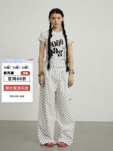 กางเกงขายาวเอวสูง Achihara Sunday Polka Dot ลายจุดขาว กางเกงขายาวทรงหลวมสบาย ๆ สำหรับฤดูใบไม้ร่วง