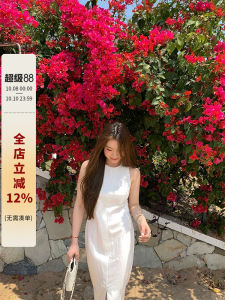 Elegant Summer White Knee-Length Dress with Slit round Neckline Womens Long Dress Classy Sensation A-Line Skirt High Waist