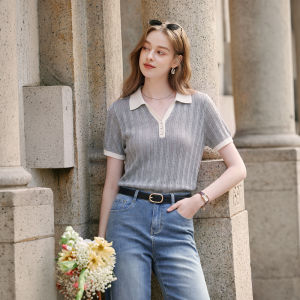 XIANGYING | Gray Hollow Stripe Polo Knitted Shirt Short Sleeve