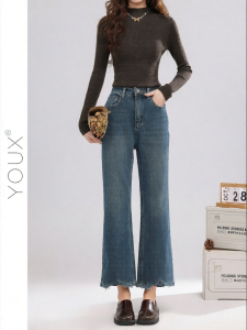 YOUXIANG | Quần Jeans denim dáng Slim Fit ống thẳng màu xanh Vintage đã mài