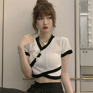 เสื้อยืดคอกว้างแขนสั้นผ้าถักสำหรับผู้หญิง ทรงสลิมฟิต ทรงเข้ารูป ดีไซน์บางเฉียบ สไตล์เกาหลี ฤดูร้อน 2022 เสื้อผ้าทำงาน