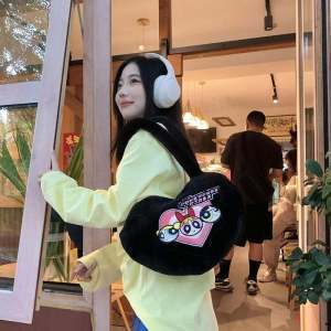 Fluffy Plush Police Girl Shoulder Bag Womens Fashionable Handbag Cartoon Design Soft Shell Zipper Closure Medium Size Bag