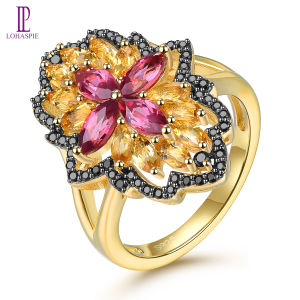 Lohaspie Jewelry Real 2.5 Carats 925 Big Stone Silver Ring For Women Natural Citrine Rhodolite Garnet Colorful Marquise Cut Gemstone Birthstone Ring Jewelry
