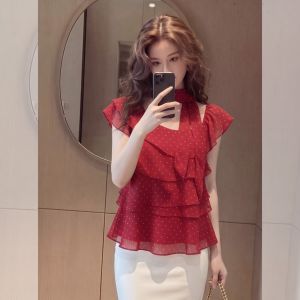 YIKEMAI | Plus Size Red Polka Dot Bell Sleeve Flounce Blouse Flattering and Versatile