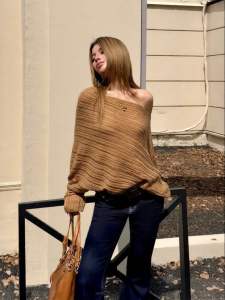 audwyn | Loose Casual Asymmetrical Shoulder Off Long Sleeve Knit Top