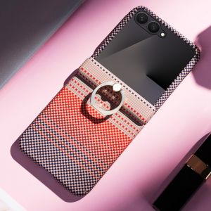 szhaiyu | Kevlar Carbon fiber Pattern Hard Phone Case For Samsung Galaxy Z Flip 8 7 FE 6 5 Front Screen Film Hinge Protection Ring Holder