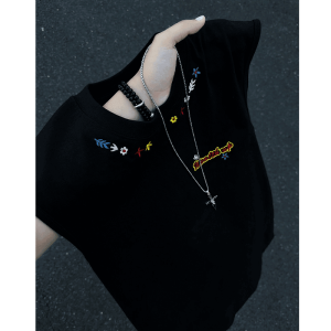LIUBU | Floral Embroidery American Style 100% Cotton Clean Fit Sleeveless T-Shirt