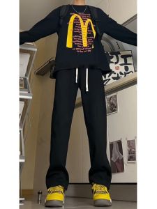 Cleanfit กางเกงวอร์มทรงตรงสีดำสำหรับผู้ชาย กางเกงขายาวลำลองฤดูร้อน กางเกงขายาวทรงตรงบาง ทรงหลวม สไตล์ลำลอง