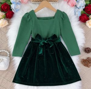 ชุดเดรสเจ้าหญิงลายทางปะต่อฉบับภาษาเกาหลีหมีชุดปีใหม่สดใสแขนยาวสไตล์ฤดูใบไม้ร่วงฤดูใบไม้ผลิ