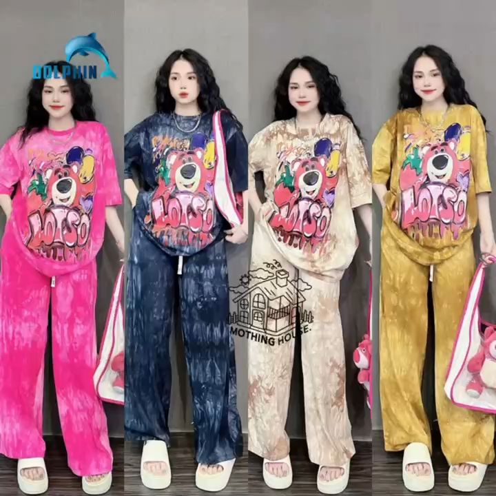 Cross-border foreign trade tie-dye fashion set womens summer loose cartoon print short-sleeved wide-leg trousers casual two-piece set tide
