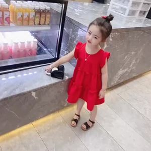 29.5 new 2025 CHILDRENS clothing summer fashionable red chiffon dress for girls A-line skirt short sleeve pure color cotton fabric