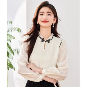 เสื้อเชิ้ตคอตั้งแขนยาวสไตล์จีนใหม่ฤดูใบไม้ร่วงปี 2024 เสื้อเชิ้ตผู้หญิงสไตล์ชาติพันธุ์สไตล์ใหม่ กระดุมสไตล์จีน แฟชั่นเสื้อเชิ้ต