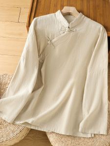 Chinese Style Long Sleeve Cotton Linen Shirt Women Spring Pure Color Zen Tea Service Stand Collar Loose Fit Top Button up