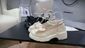 Giày ulzzang lolita phối nơ quai ngọc hai màu đen trắng quai ngọc có thể tháo rời