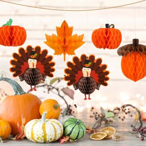 Creative Autumn Atmosphere Scene Decoration Pumpkin Maple Leaf Turkey 3D Honeycomb Hanging Ornaments for Shop Window Display