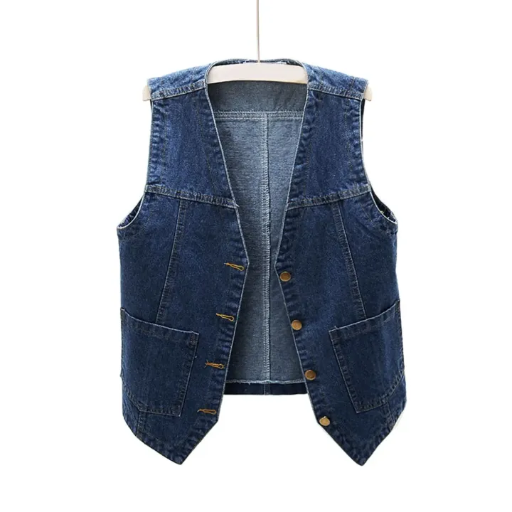 Spring Summer Denim Round Neck Vest Women's Cropped Loose-Fit Korean BF Sleeveless Jacket Shoulder Vest Outerwear