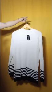 Baju muslim wanita rajutan kerah tinggi strip oversize polos tangan panjang hijab turtleneck top