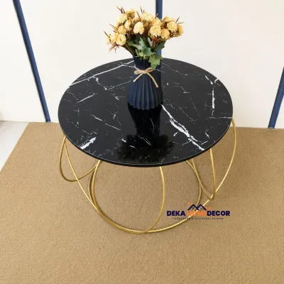 Meja Tamu Bulat Minimalis ORACLE Besi Gold Hitam Industrial HPL Motif Marmer Mewah Furniture Ruang Tamu Aesthetic Meja Kopi Modern