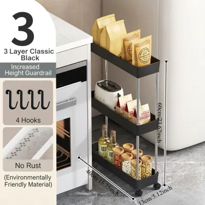 Rolling Multi-tier Storage Cart Slim Gap Shelf Household Kitchen Bathroom Organizer Unit