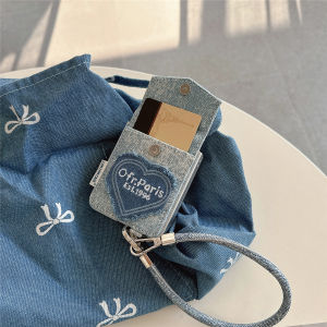 Classic Denim Heart Shaped Card Holder Hand Rope Foldable Screen Huawei Pocket2 Protective Case Honor Magicvflip2 Anti Fall Motorola Razr50 Phone Case