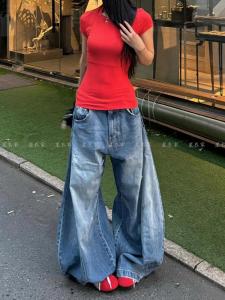 กางเกงยีนส์ทรงหลวมเอวสูงทรงหลวมสไตล์ย้อนยุคสำหรับผู้หญิงในช่วงฤดูร้อนปี 2024 กางเกงขายาวทรงสลิมฟิต