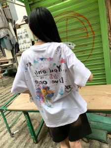 หลวมรอบคอพิมพ์ผ้าฝ้ายเสื้อยืดผู้หญิงฤดูร้อนสไตล์ Retro ดอกไม้สีขาวพิมพ์ขนาดใหญ่ขนาด 300lbs