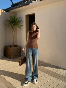 NIHAOKANONG | Quần Jeans Thanh Retro Rửa Mòn Cao Waisted